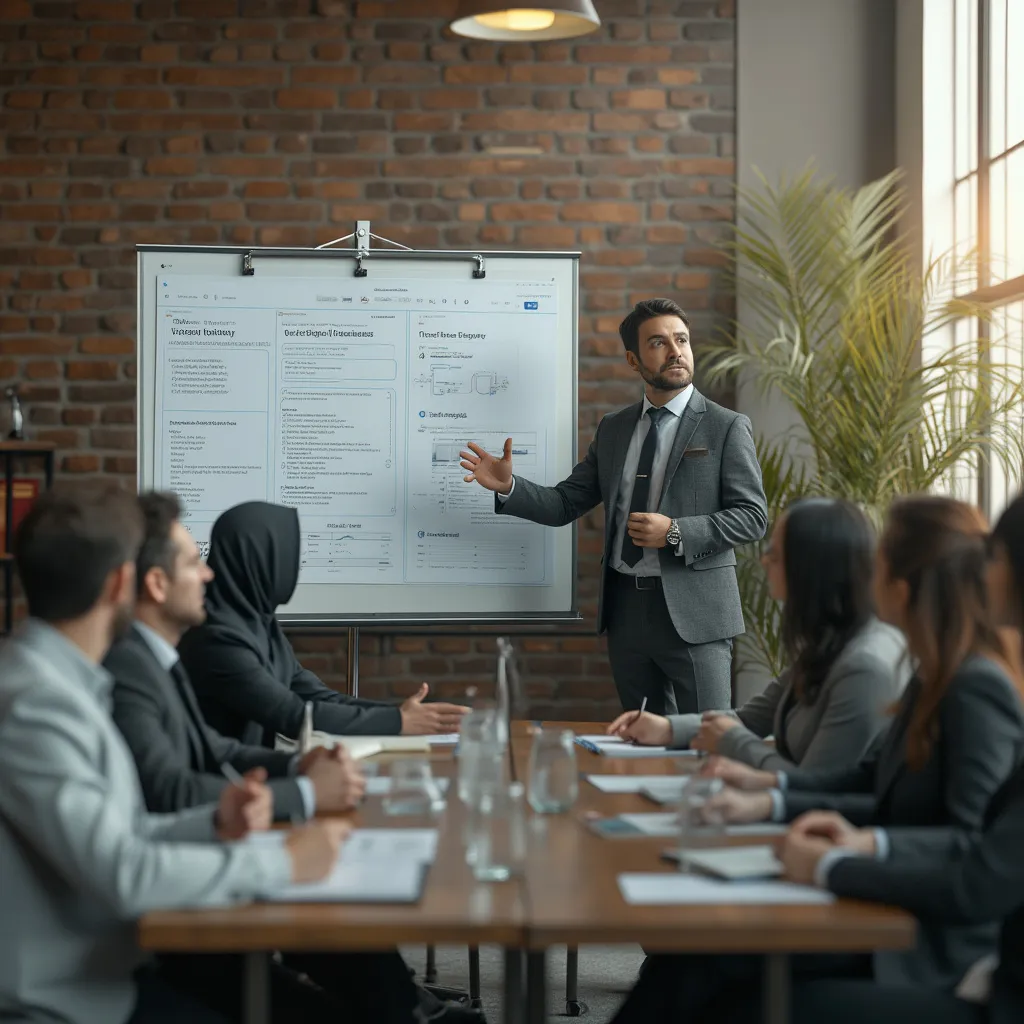 Consulente che guida un gruppo con presentazione digitale